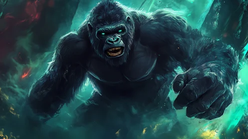 Roaring cyber gorilla charging through glowing teal chaos.