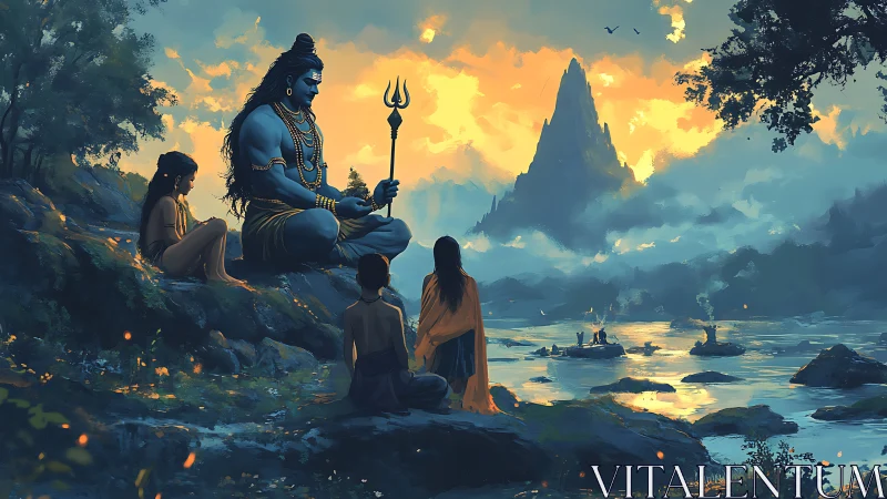 Mythic riverbank meditation unifying figures and radiant mountain