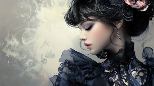 Victorian-inspired digital portrait with lace and florals.