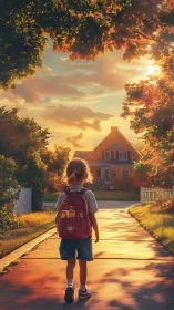 Child with backpack walking home on warm sunset street.