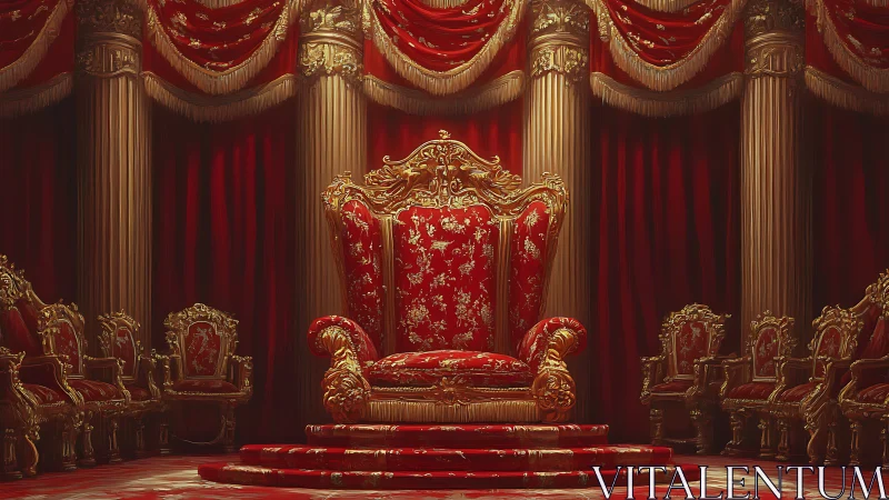 Crimson throne blazes beneath velvet draped colonnades.