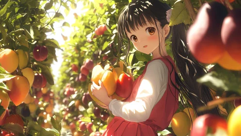 Backlit orchard scene renders anime girl harvesting ripe apples