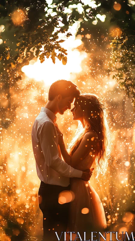 Silhouetted Couple Under Foliage With Golden Light Particles.