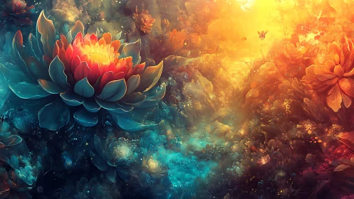 Luminous Lotus Canopy in Bifurcated Chromatic Atmosphere.