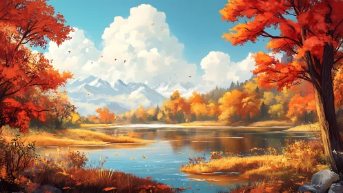 Autumn alpine river valley with vibrant foliage and clouds.