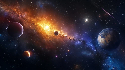 Galactic vista with glowing nebula and clustered planetscape.