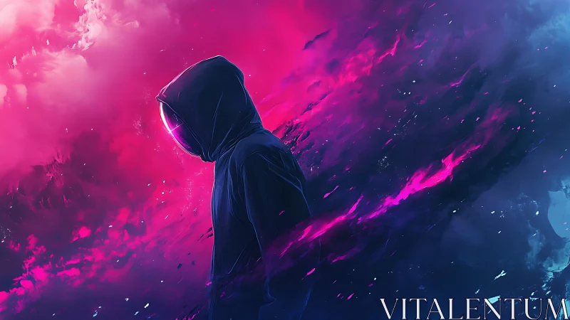 Neon wanderer drifts through stormy cosmic graffiti skies.