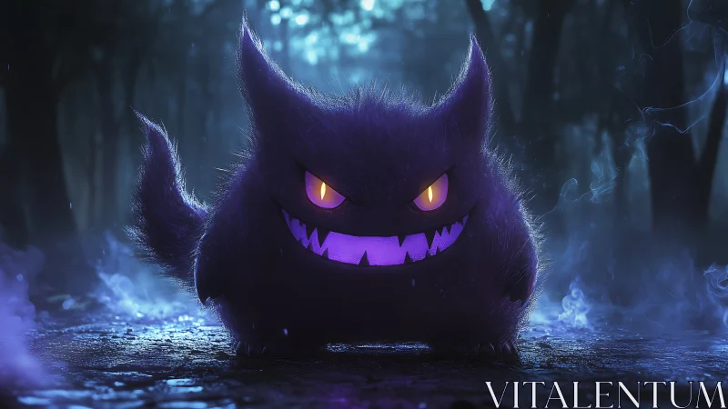 Purple spectral creature in misty forest at night.