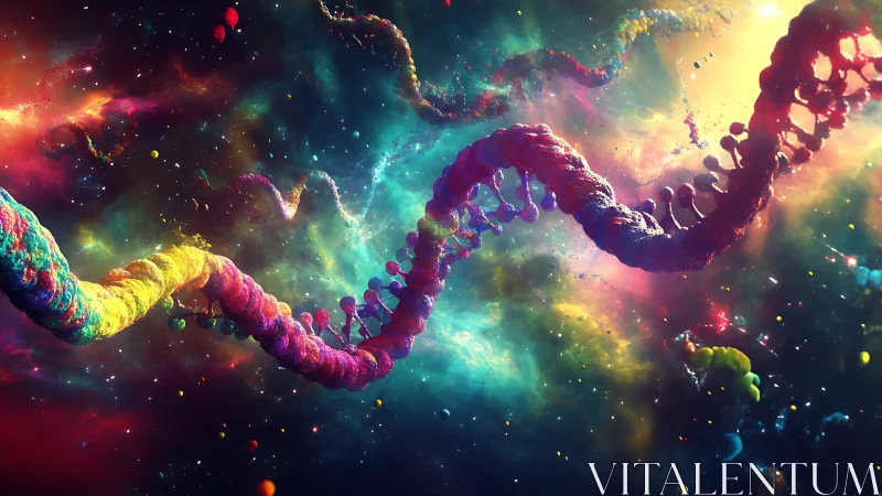 Cosmic double helix strands curve through nebulae in saturated spectrum