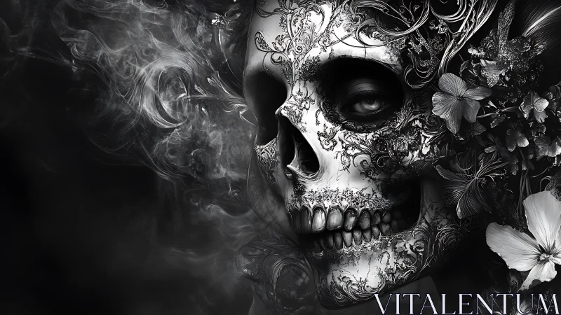 Ornate skull with floral details in monochrome composition.