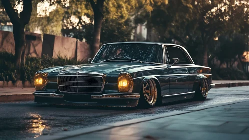 Lowered classic Mercedes coupe glows under golden sunset