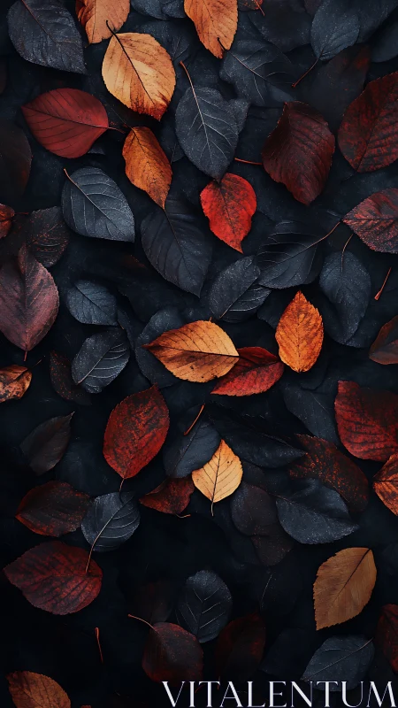 Overhead view shows scattered dark red and orange leaves