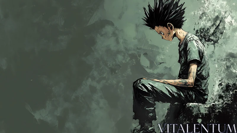 Solitary boy sits in quiet reflection against textured wall