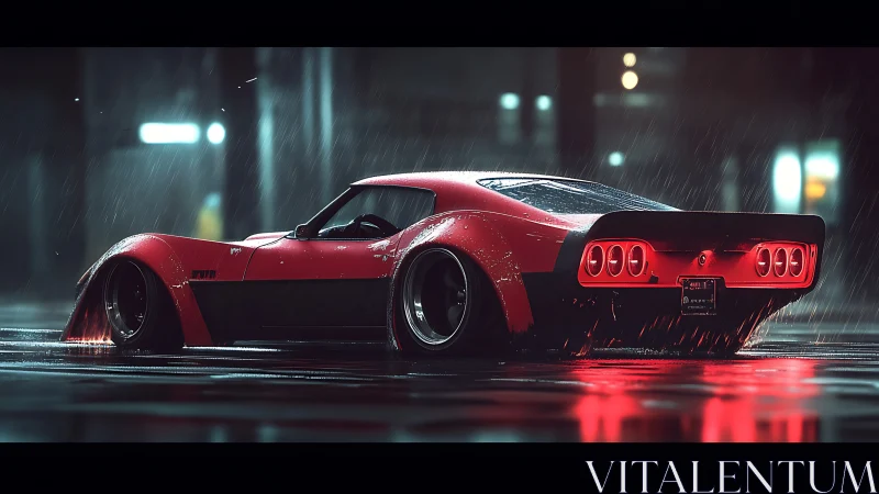 Low-slung retro sports car under neon rain, cinematic profile.