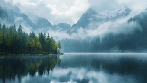 Silent lake cradles misty mountains in mirrored stillness