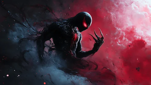 Symbiotic humanoid rendered in high-contrast red-black vapor field