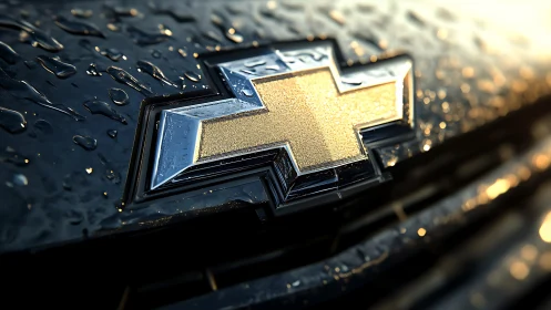 Chevrolet car emblem on wet front grille in close focus.