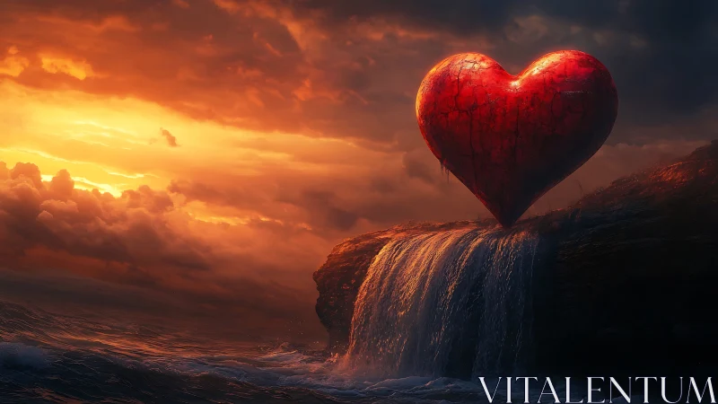 Glowing Red Heart on Cliff at Sunset.