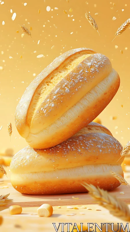 Artisanal French Bread Loaves Stacked with Wheat Flourish.