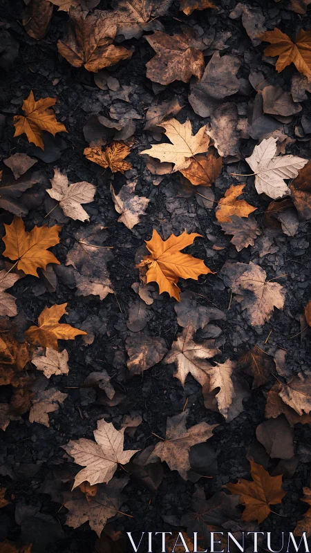 Moody overhead study of fallen maple leaves in autumn tones.