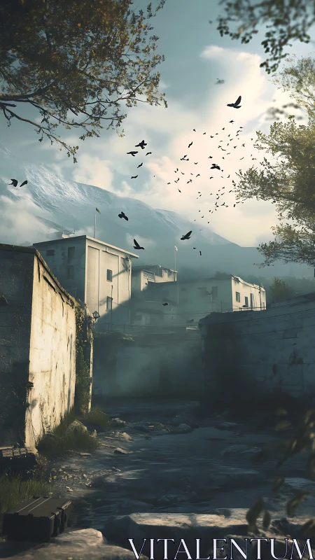 Deserted concrete canal below distant snow mountain town.