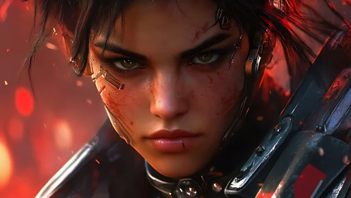 Cybernetic warrior portrait with bloodied biomech interface.