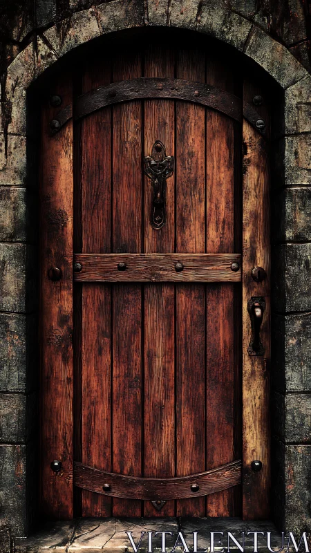 Weathered wooden medieval door set in rough stone archway