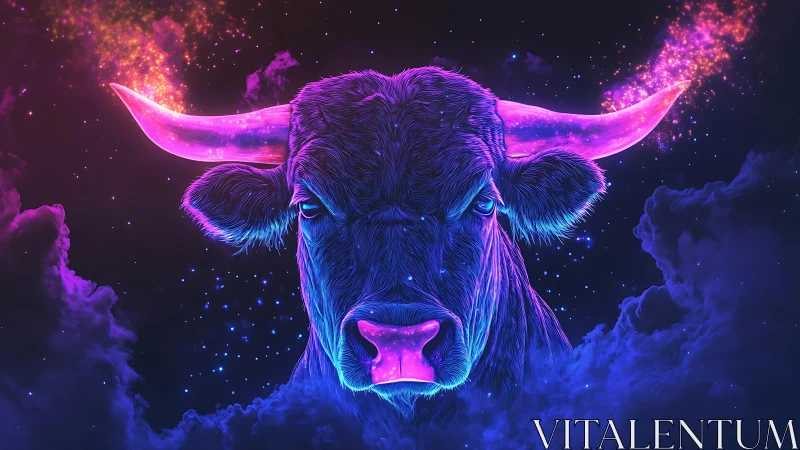Bioluminescent neon bull portrait in cosmic nebula clouds