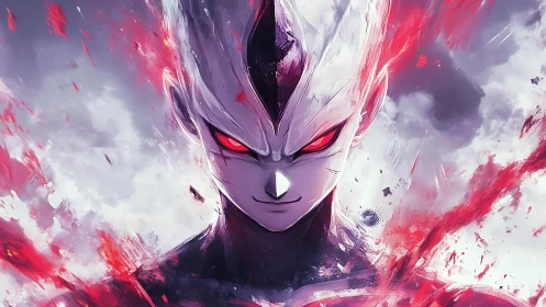 White haired anime warrior with glowing red eyes stares ahead