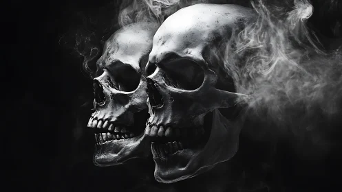 Twin silver skulls drift through swirling ghostly smoke