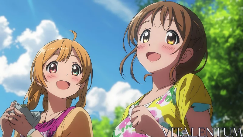 Two anime girls outdoors under blue sky with clouds.