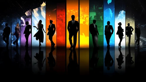 Corporate silhouettes align across multicolor cinematic panels