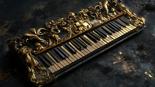 Ornate gold piano keyboard on dark textured background.