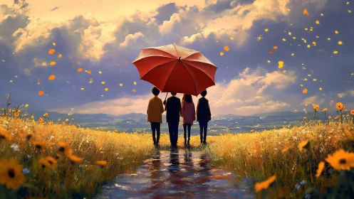 Friends under red umbrella crossing luminous wildflower field.
