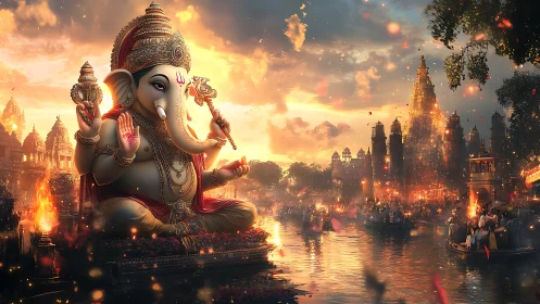 Monumental Ganesha idol illuminates ceremonial riverside cityscape