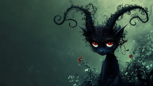 Dark forest imp with glowing red eyes and twisted horns.