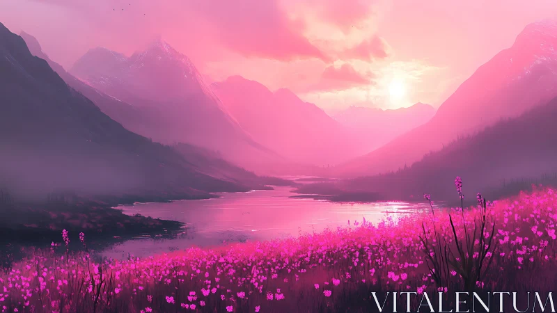 Sunset orchestrates pink mountains over a dreaming river