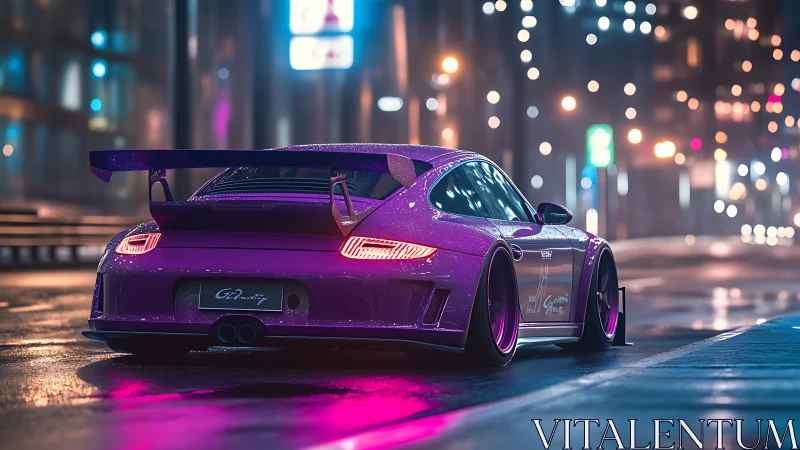 Neon-soaked widebody GT street racer under wet city bokeh.