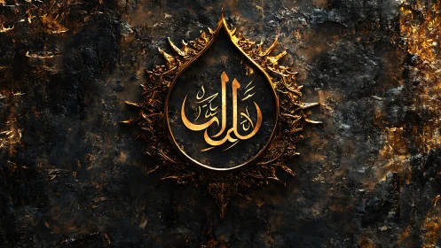 Golden Arabic calligraphy medallion on textured dark wall.
