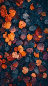 Autumn leaves contrast against deep teal forest floor