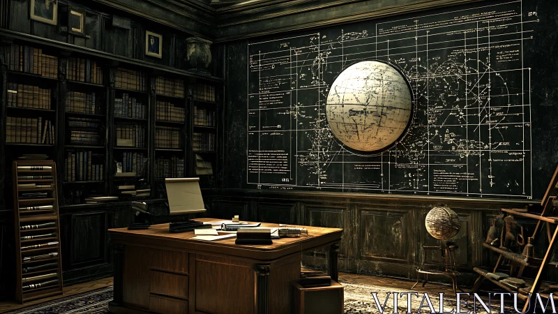Scholarly study glows with maps, globes, and towering bookshelves