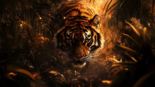 Golden jungle tiger walks forward through glowing shadows