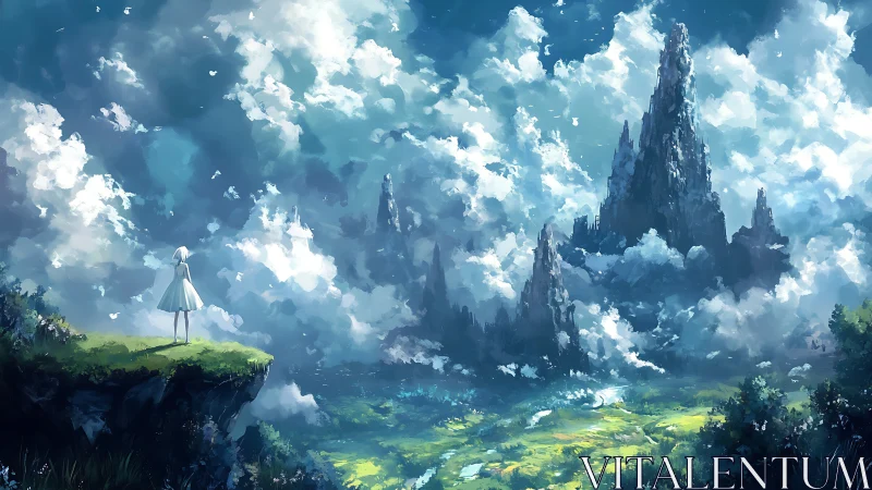 Girl observing towering cloud-wrapped fantasy mountains.
