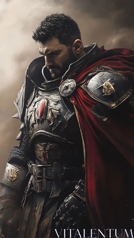 Armored warrior in ornate plate with red cloak.