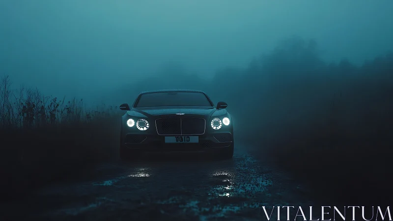 Luxury sedan headlights cut through dense nocturnal roadside fog