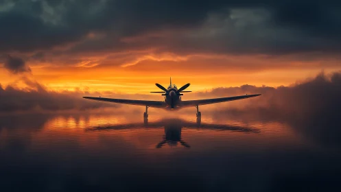 Propeller plane front view over water at vivid sunset.