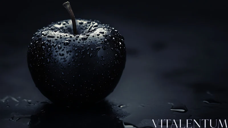 Midnight black apple with water droplets on gloss surface.