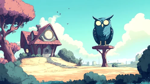 Owl statue overlooking small cottage in bright landscape.
