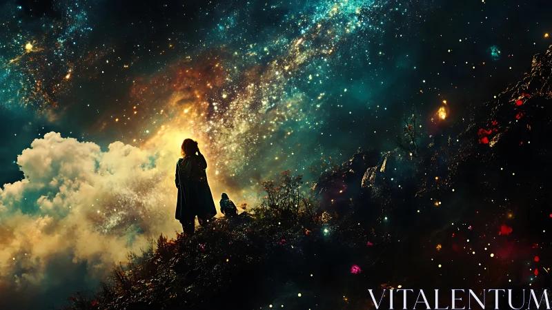 Silhouetted dreamers gaze into a glowing cosmic night sky