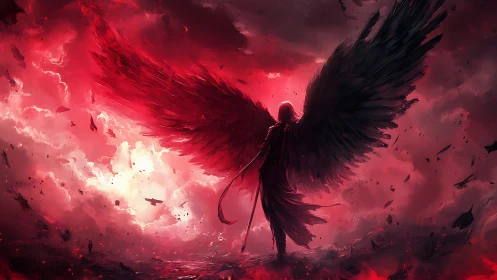 Scarlet storm crowns a shadowed angel with burning wings